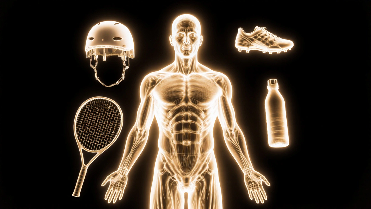 Human body with transparent sports gear floating around it, symbolizing gear as an extension of the body.