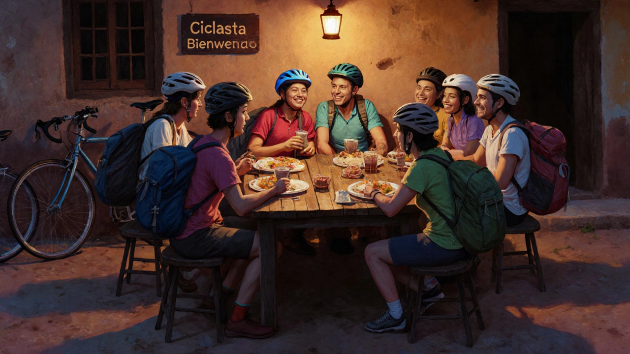 International cyclists sharing a meal with a Mexican family in a rural village at dusk.