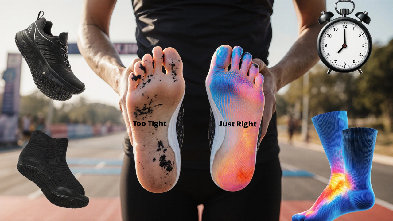 Two running shoes compared: too tight vs just right, with foot swelling details.
