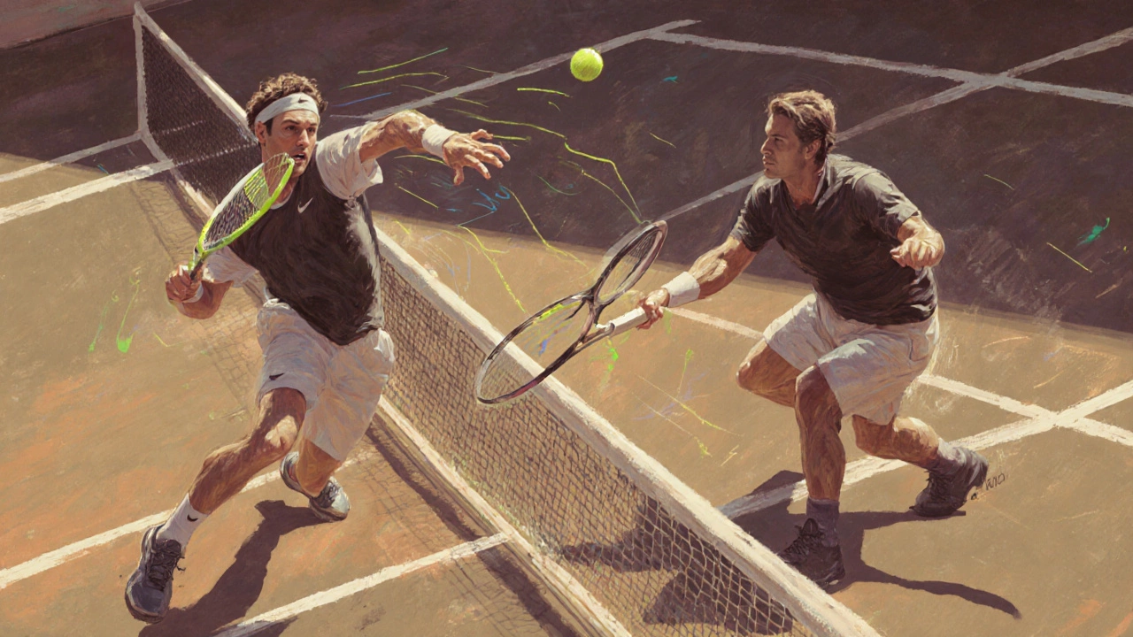 Two tennis players in a tense tiebreak, one executing a delicate drop volley at the net.