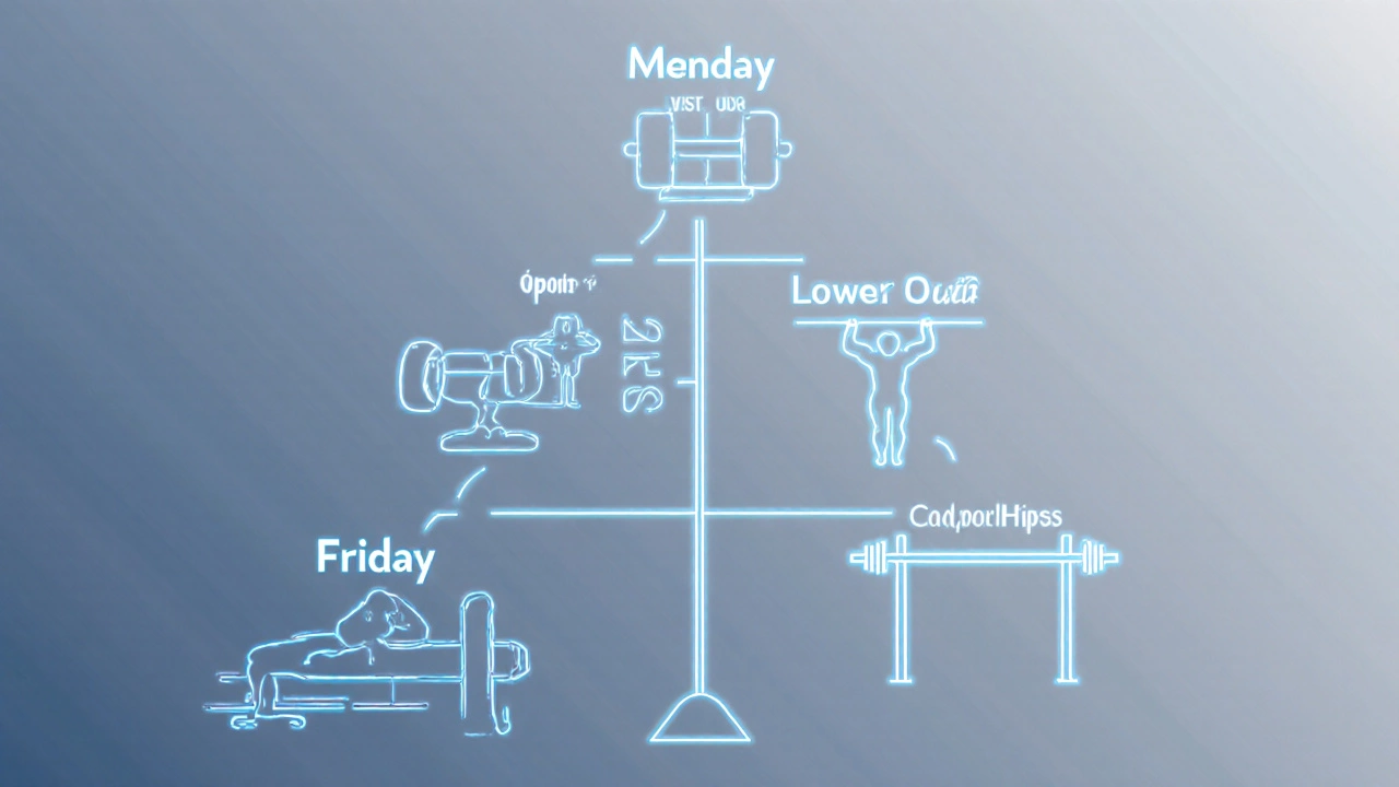 Visual pyramid diagram showing a 4-day workout split with icons for push, pull, and lower body days.