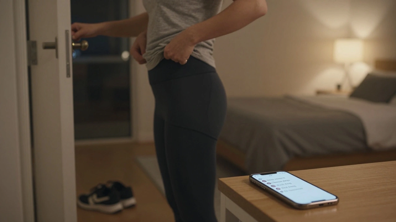 A person prepares for their first workout, packing gym clothes with a checklist visible on their phone.