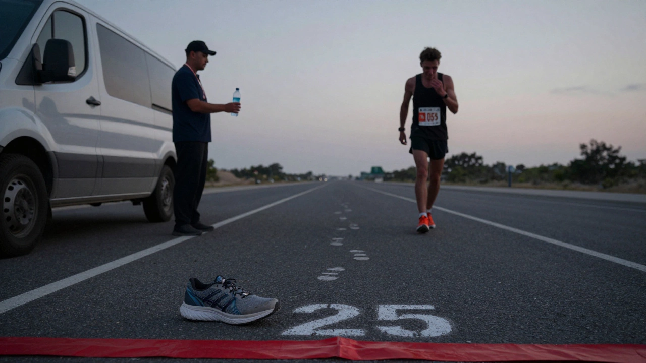 A runner&#039;s abandoned shoe at mile 25, with a race official offering water as the course empties at twilight.