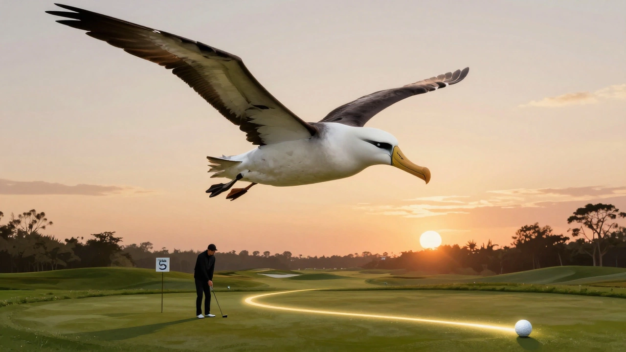 Albatross bird flying over a golf course, its wings mirroring the path of a golf ball.