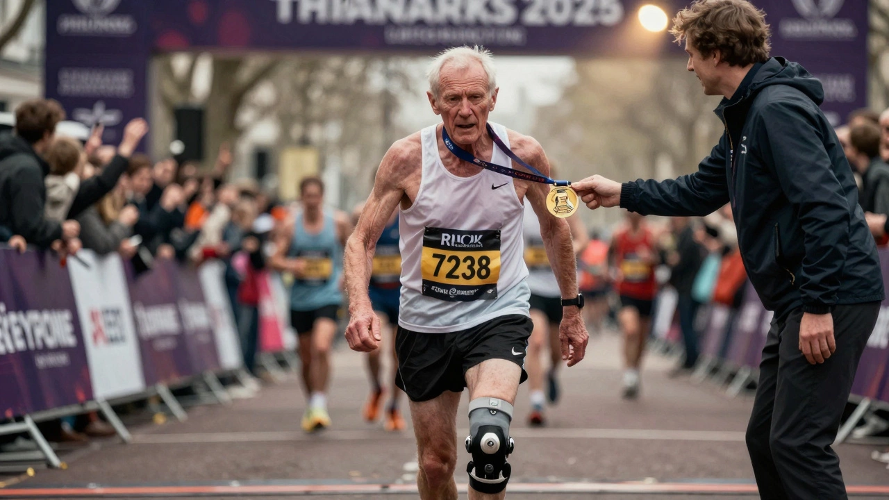 An elderly man with a knee replacement being handed a special medal after finishing the London Marathon.