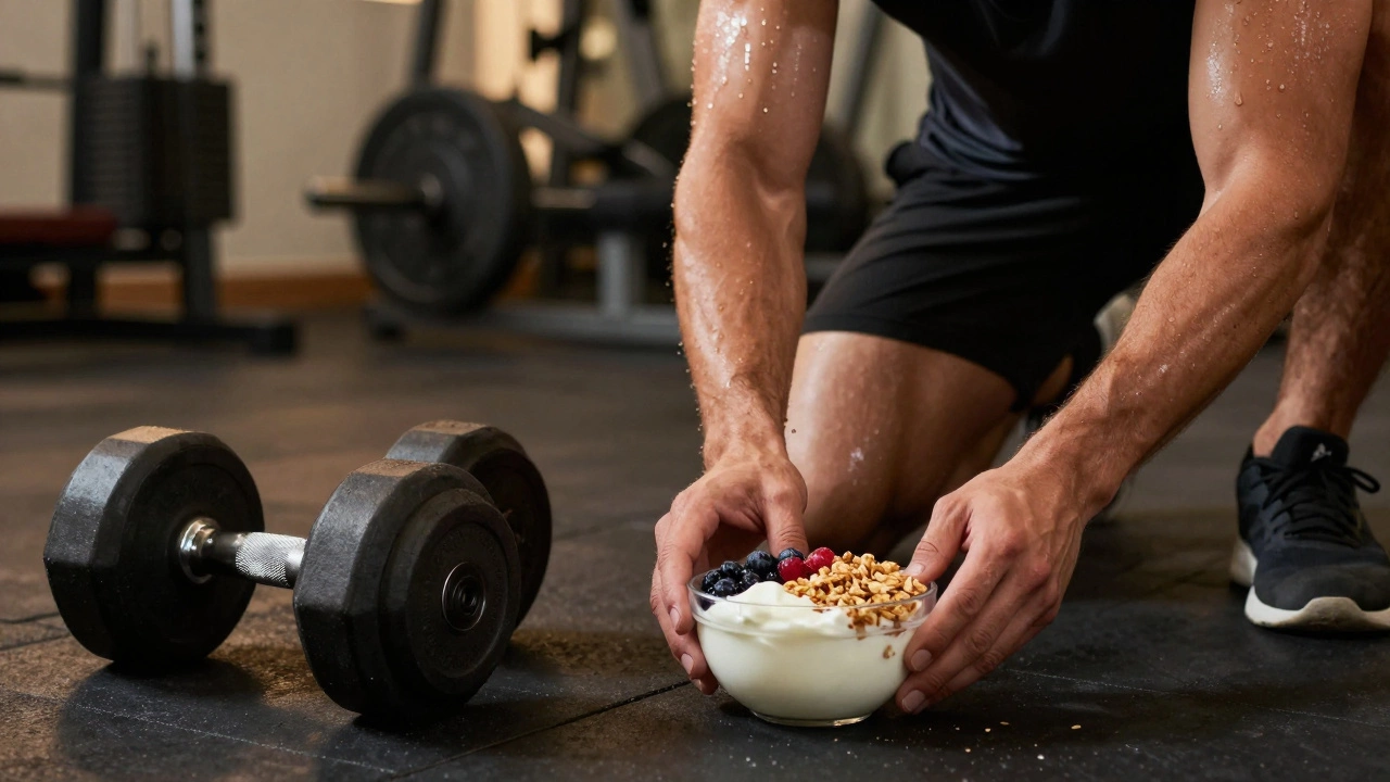 Athlete eating Greek yogurt with berries after weightlifting in the gym.