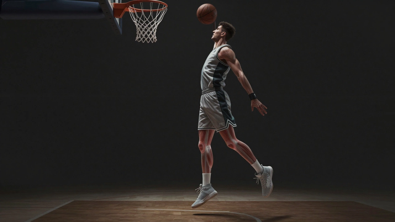 Basketball player dunking with wrist guards and grip-enhancing sneakers, motion blurred for dynamic effect.