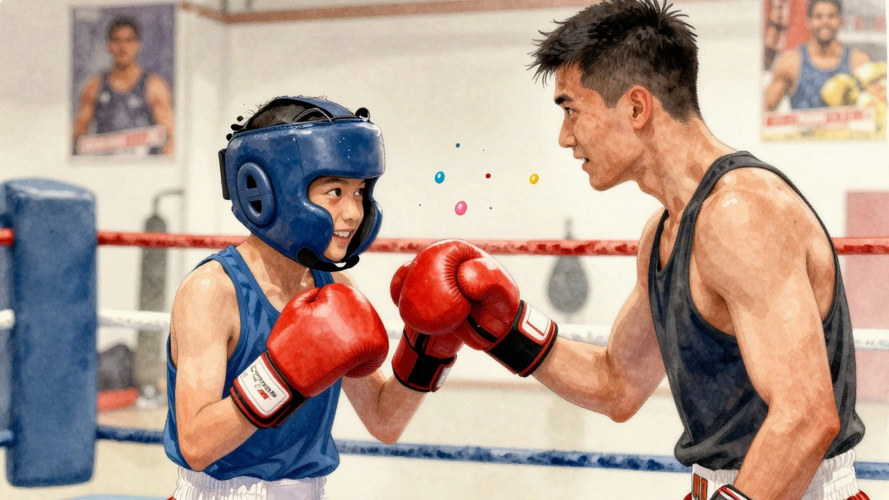 Beginner boxer smiling after a light sparring session, shaking hands with partner.