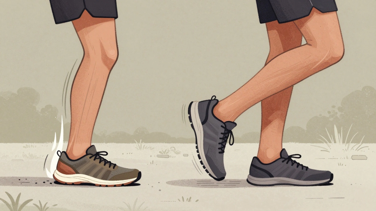 Biomechanical illustration showing shock absorption in cushioned shoes versus energy return in flat shoes.