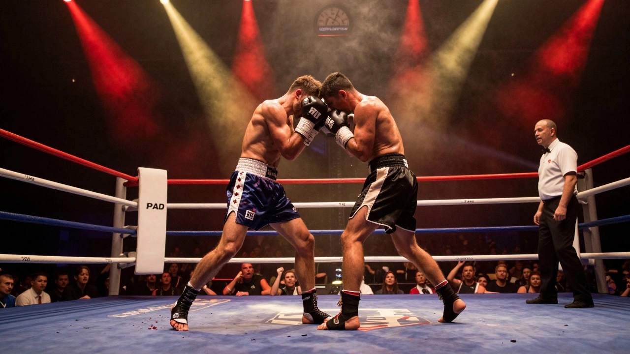 Boxers locked in a brutal slugfest in a roaring arena, blood on the canvas, spotlights highlighting the action.