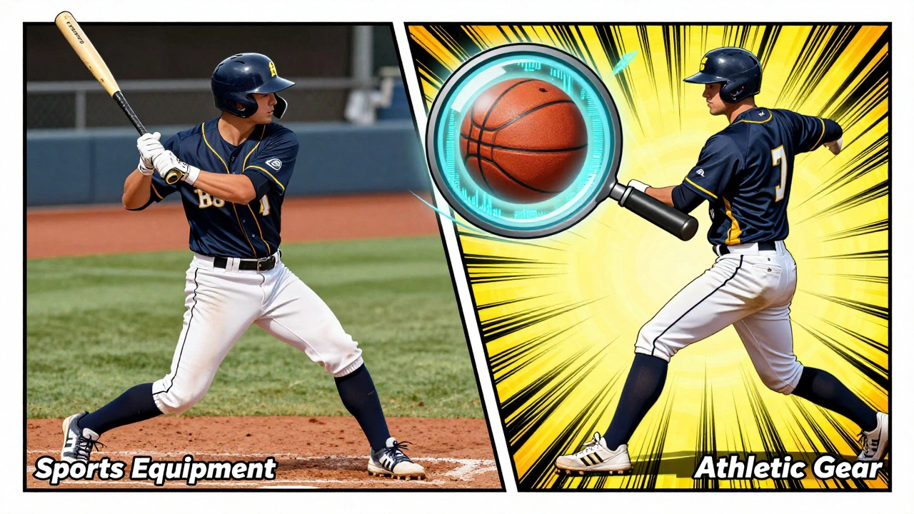 Comic-style split image of a baseball player with equipment on one side and athletic gear on the other.