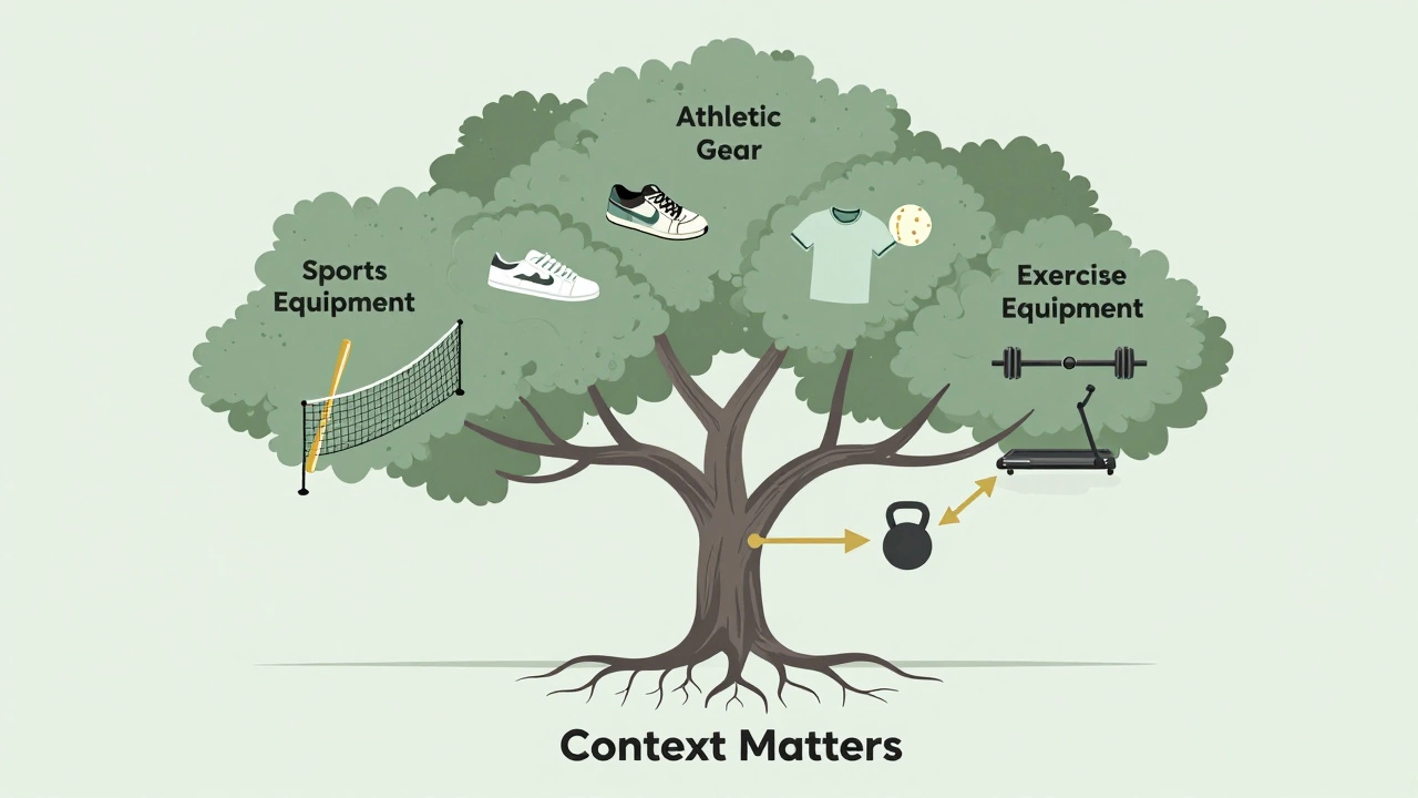 Conceptual tree diagram showing categories of sports-related items branching from a central trunk.
