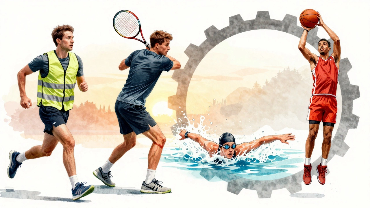 Four athletes in motion with sport-specific gear: runner, tennis player, swimmer, basketball player.