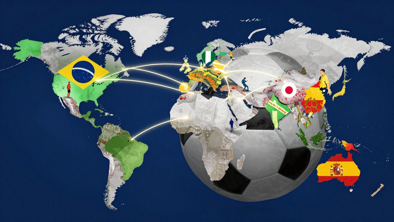 Global map connected by soccer ball pathways, showing national teams and cultural symbols.