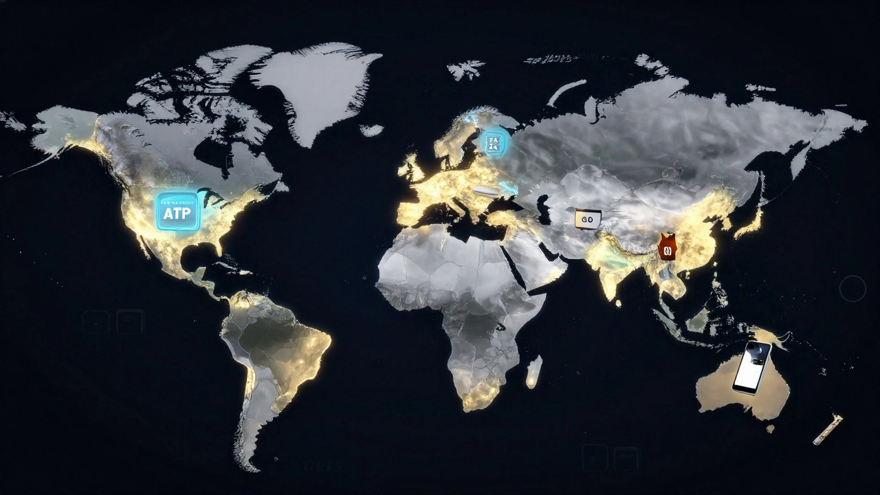 Global map highlighting ATP broadcast regions in 2025 with streaming device icons.