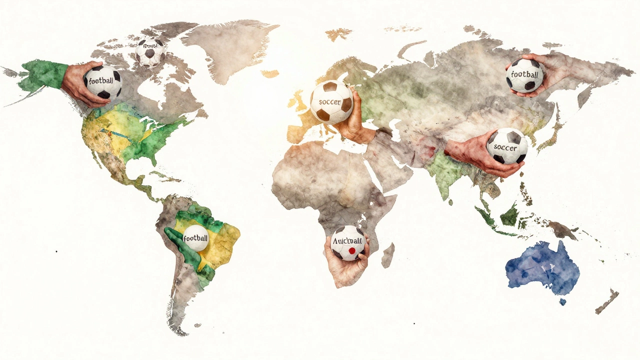 Hands from around the world holding balls with &#039;football&#039; or &#039;soccer&#039; written in their languages, forming a globe.