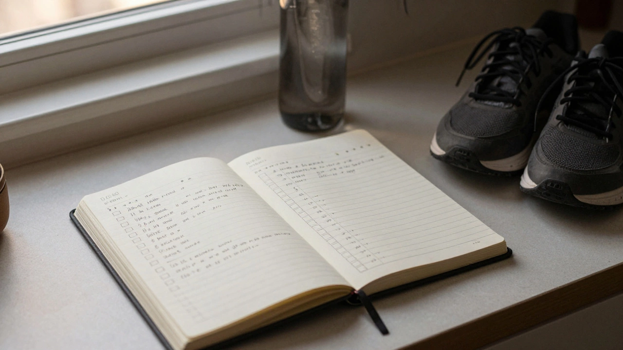 Handwritten workout log on a table with water bottle and trainers nearby.