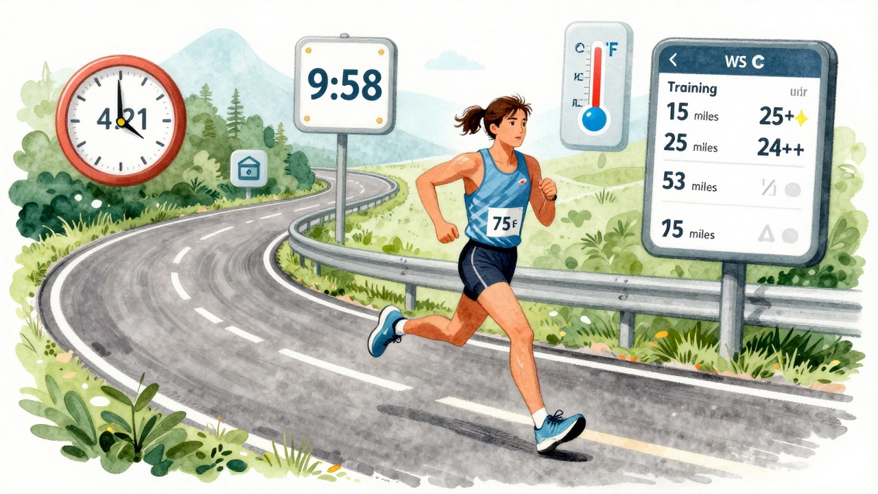 Illustrated runner with floating data icons showing average marathon time and training factors.