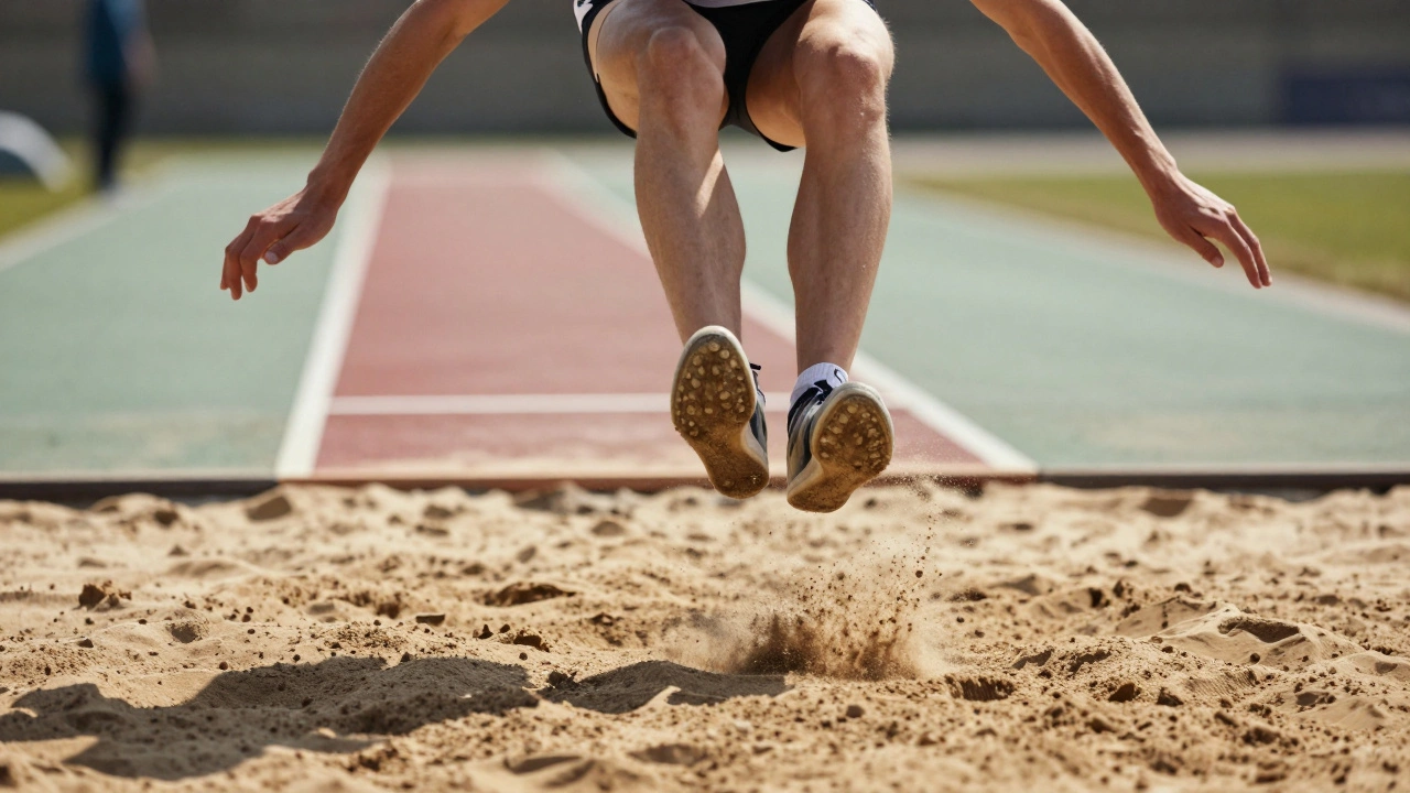 Long jumper airborne over sand pit, takeoff board below, sand rising in motion.