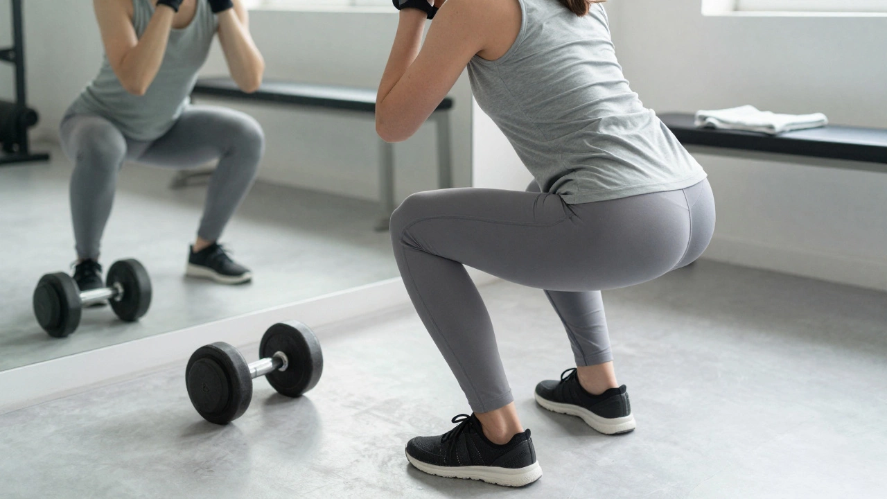 Person doing squats in front of a mirror, focusing on form in a quiet gym.