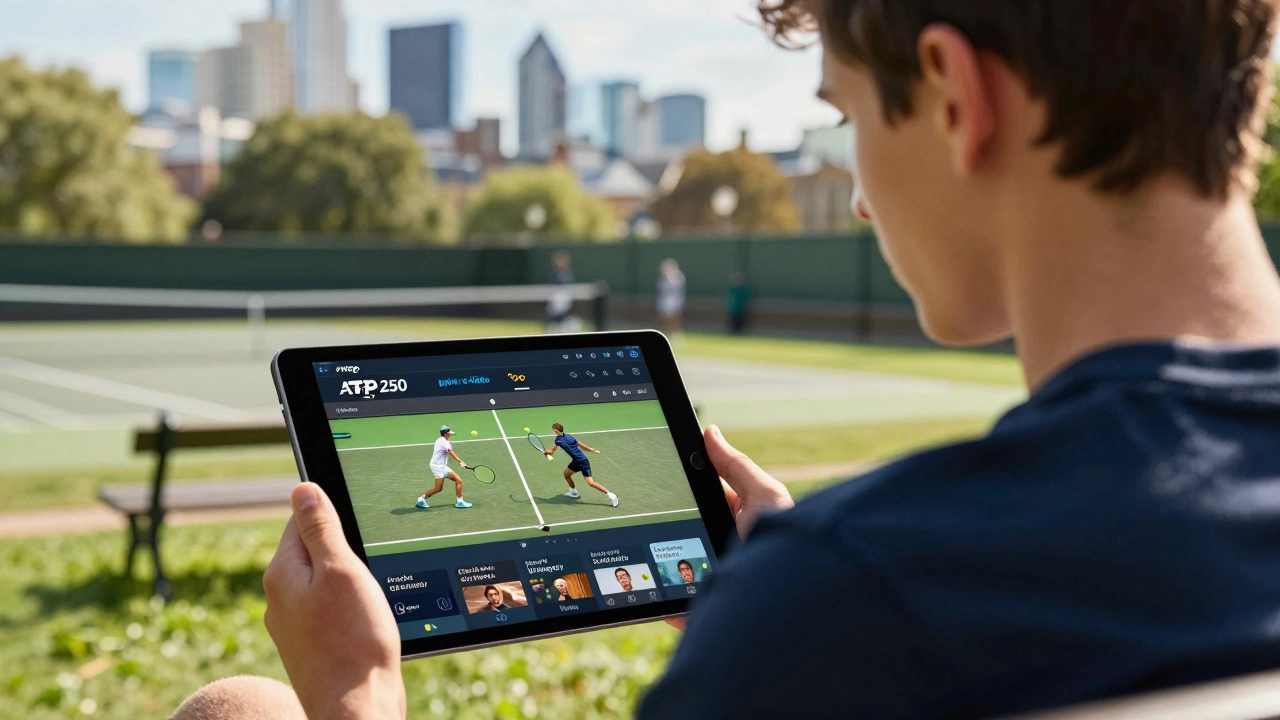 Person streaming ATP tennis live on tablet in a London park, sunlight reflecting on screen.