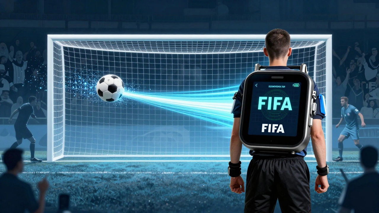 Referee&#039;s watch showing goal-line technology alert as ball crosses the line.