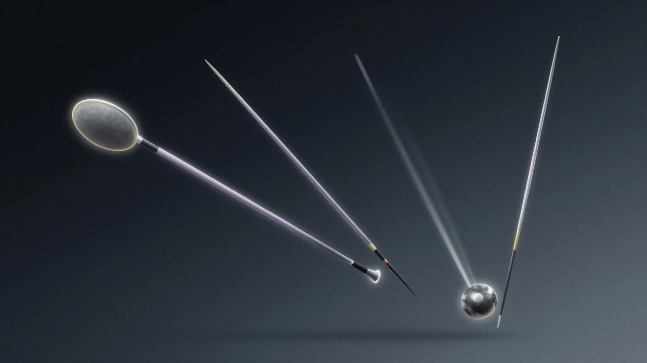 Shot put, discus, hammer, and javelin suspended in mid-air with motion trails.