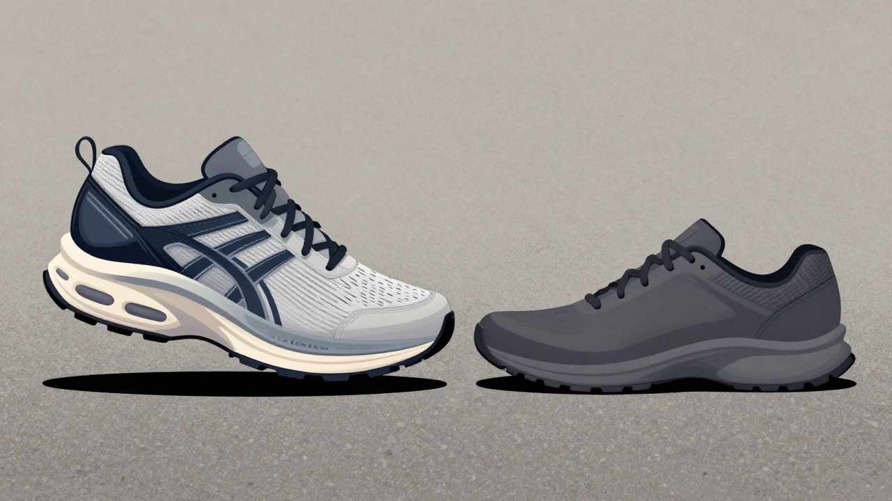 Side-by-side comparison of running shoe with high cushioning and walking shoe with flat sole.