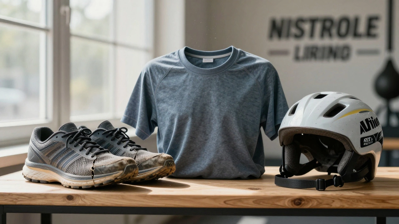 Side-by-side comparison of worn and new sports gear on a shelf, symbolizing replacement and investment.