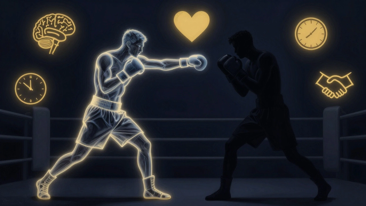 Silhouetted boxers with abstract symbols representing focus, trust, and timing in sparring.
