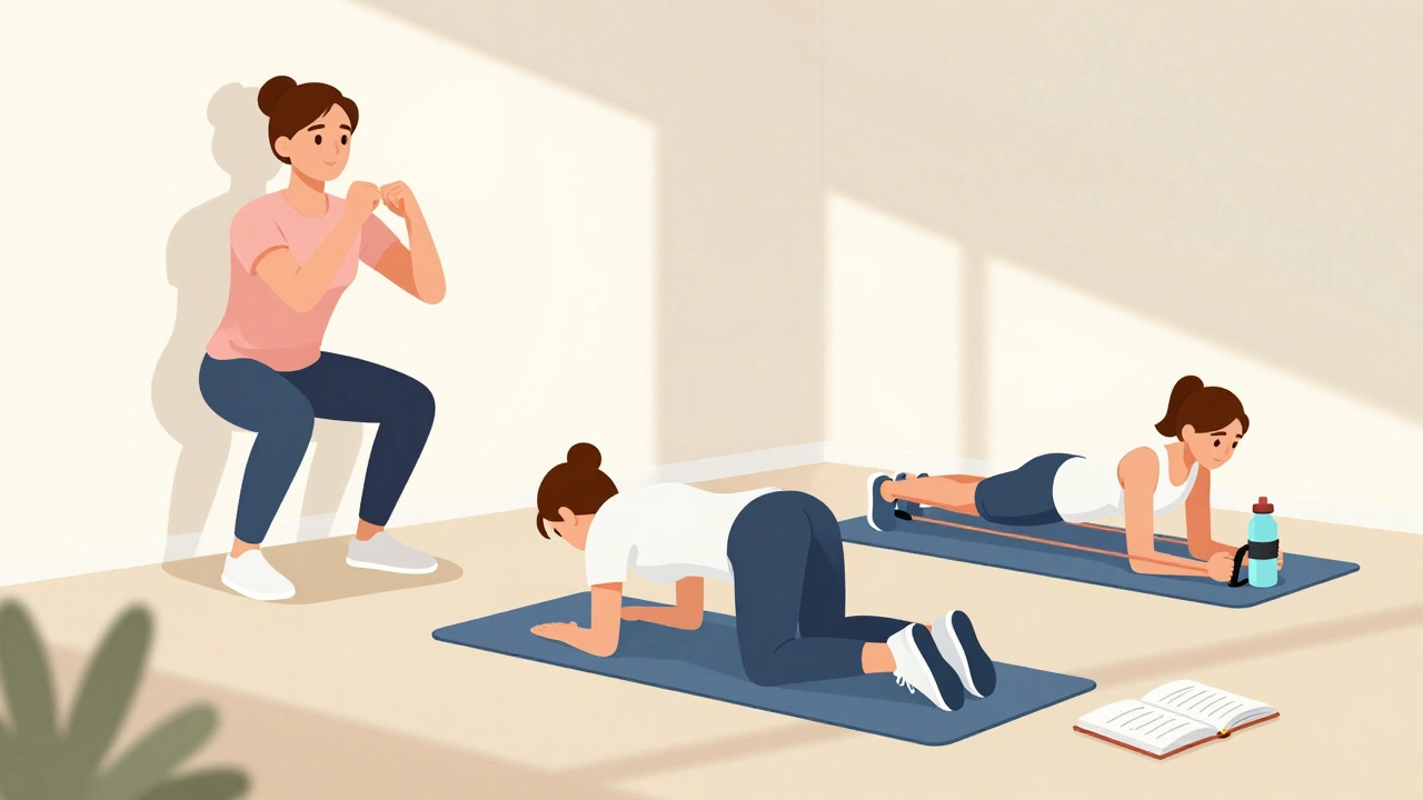 Someone doing beginner exercises: squat, knee push-up, and resistance band row in a simple home setup.