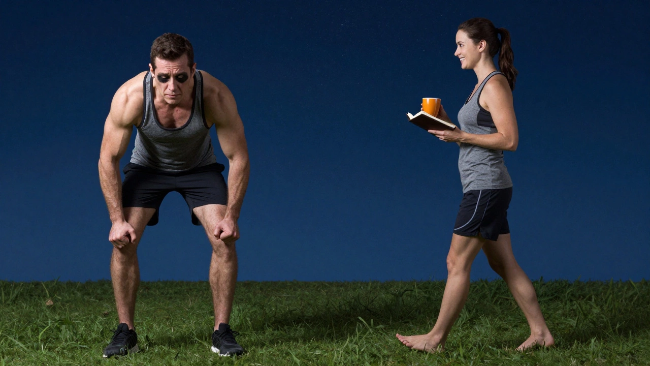 Split image showing burnout vs. balanced recovery through movement and rest.