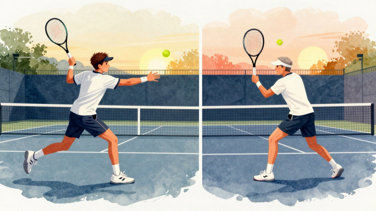 Split-screen comparison of a young 7.5 player and an older 8.0 player on the same court.