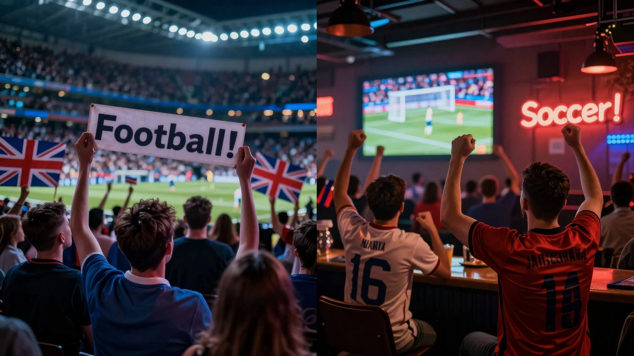 Split-screen of football fans in London and soccer fans in America cheering during a World Cup match.