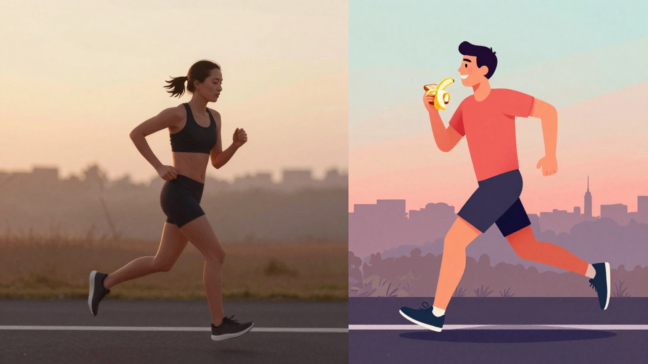Split-screen: tired runner vs. energized runner before and after eating.