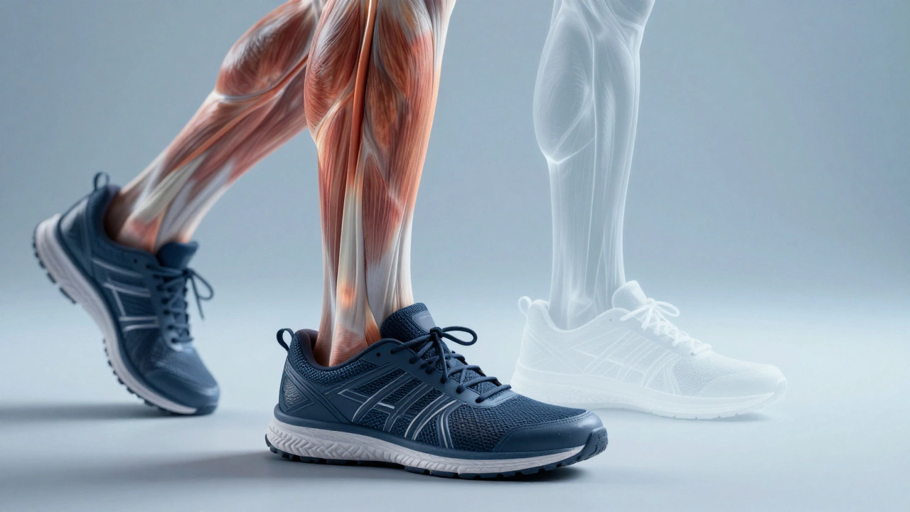 Transparent foot inside running shoe showing strained tendons, with ghost image of proper walking shoe.