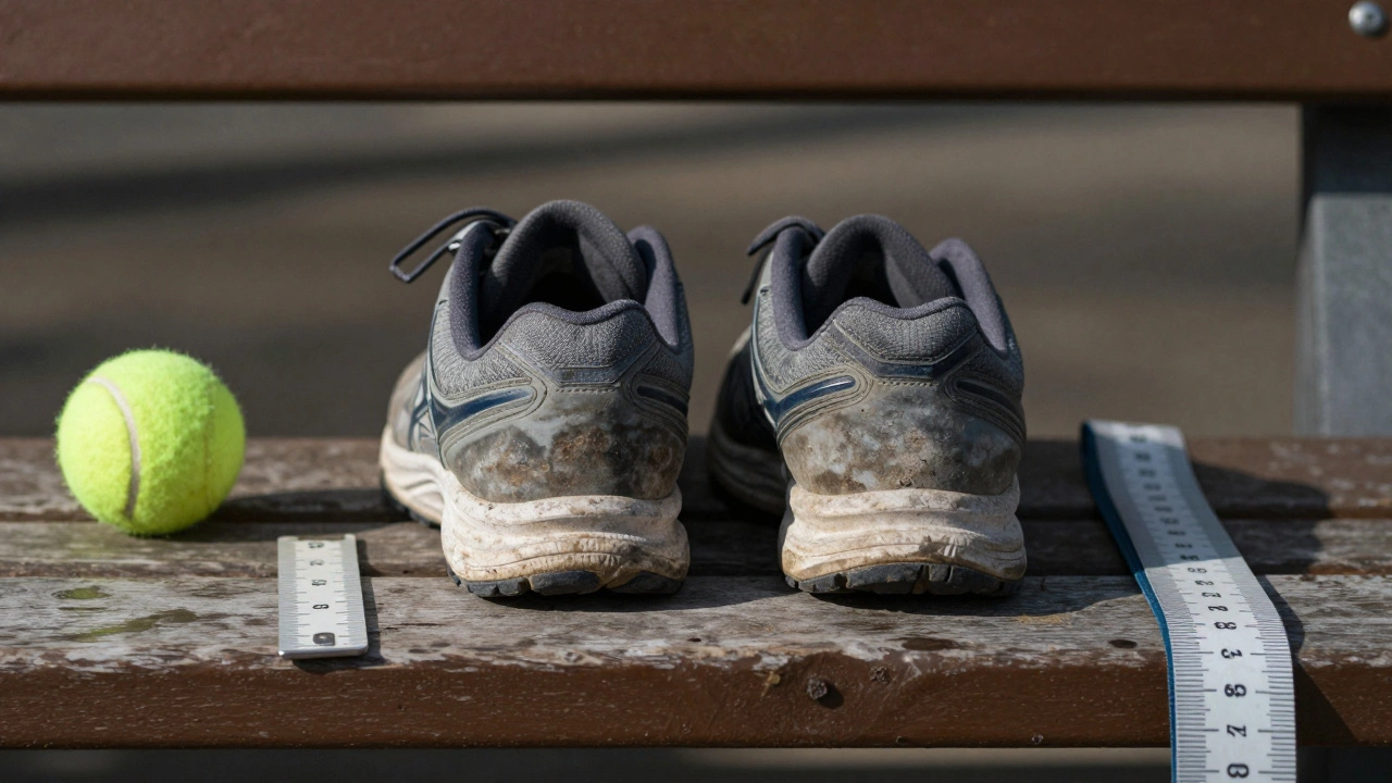 Worn running shoes beside a ruler, showing heel vs forefoot wear patterns and recovery tools.