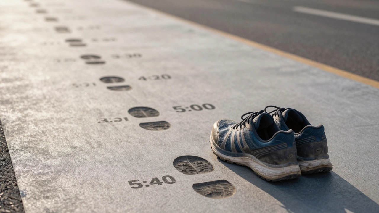 Worn running shoes on a finish line with footprints labeled by global finish times.