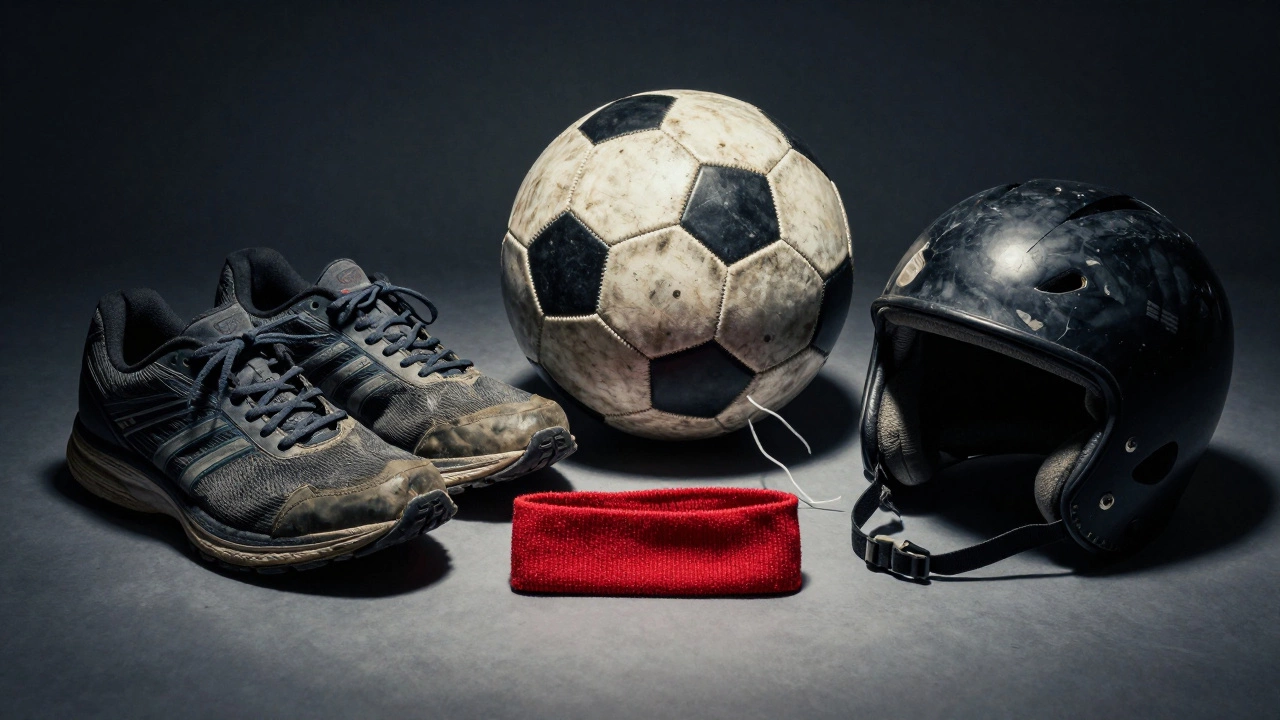 Worn sports equipment arranged in a still life, showing signs of use and need for replacement.