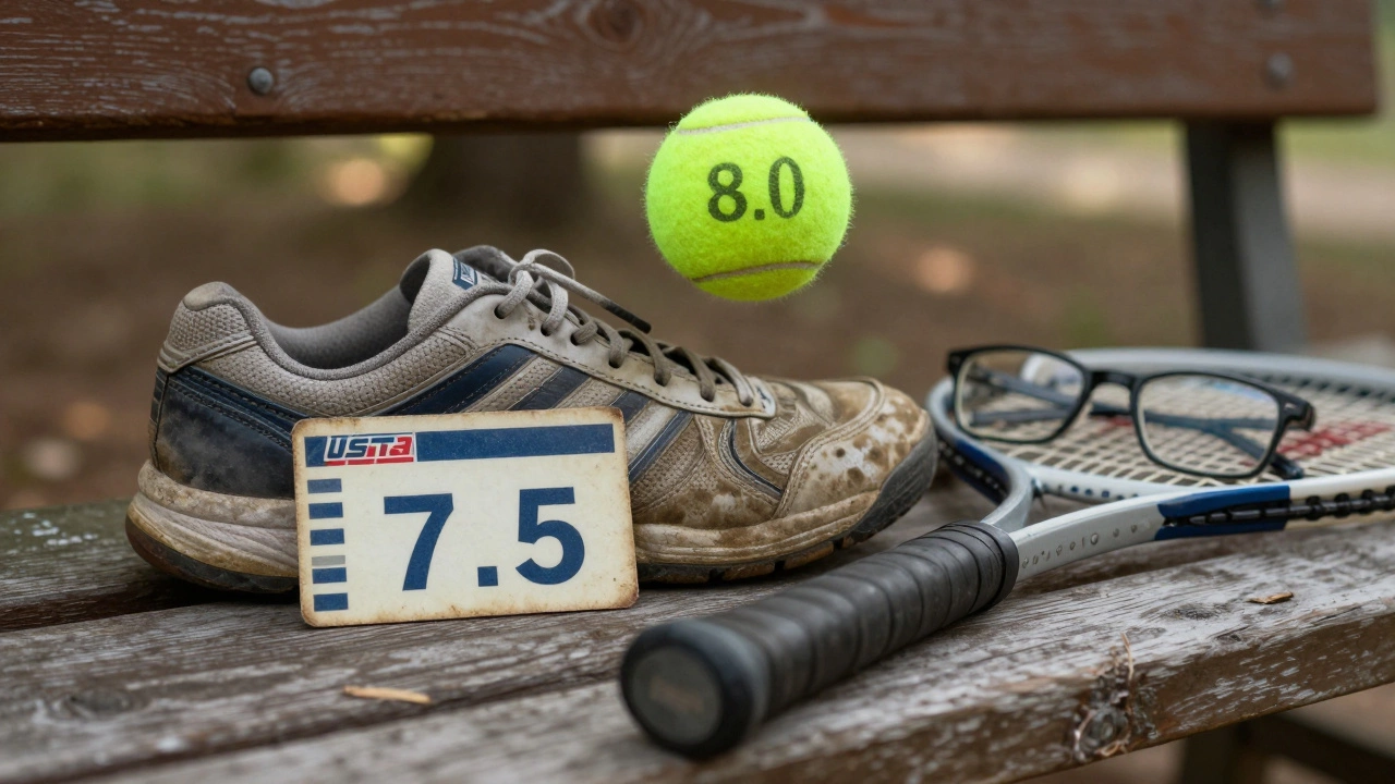 Worn tennis shoe, 7.5 rating card, and ghostly 8.0 imprint above a tennis ball on a bench.