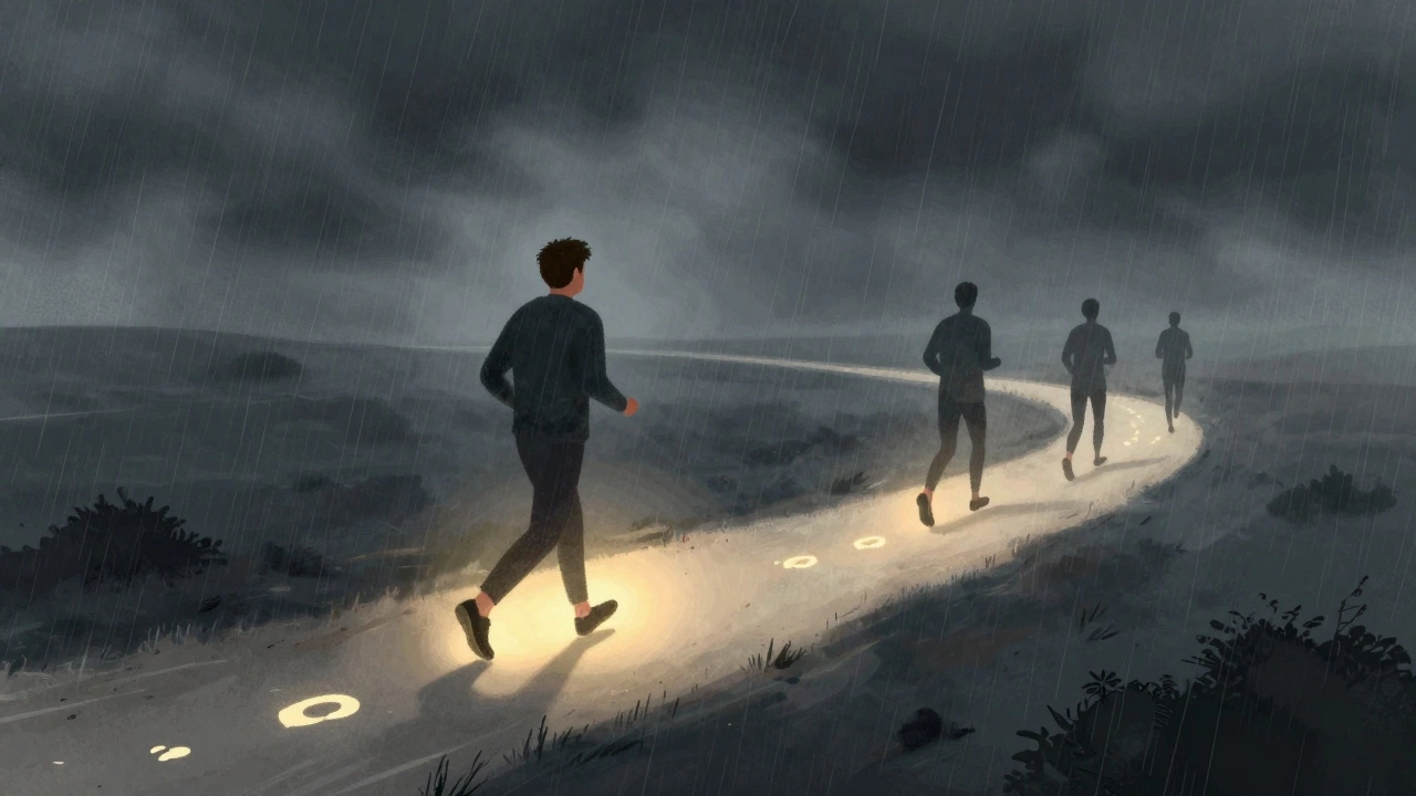 A person walking through a storm, leaving glowing footprints that become a calm path.