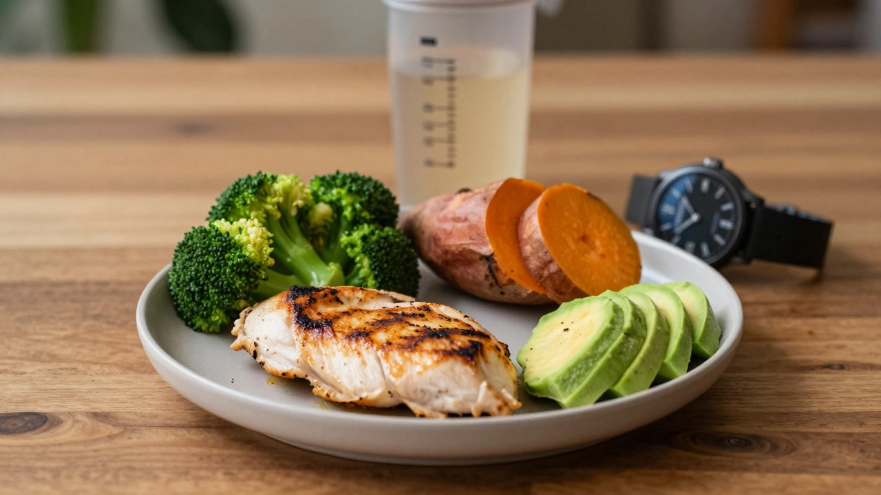 Balanced meal with chicken, broccoli, sweet potato, and avocado on wooden table.