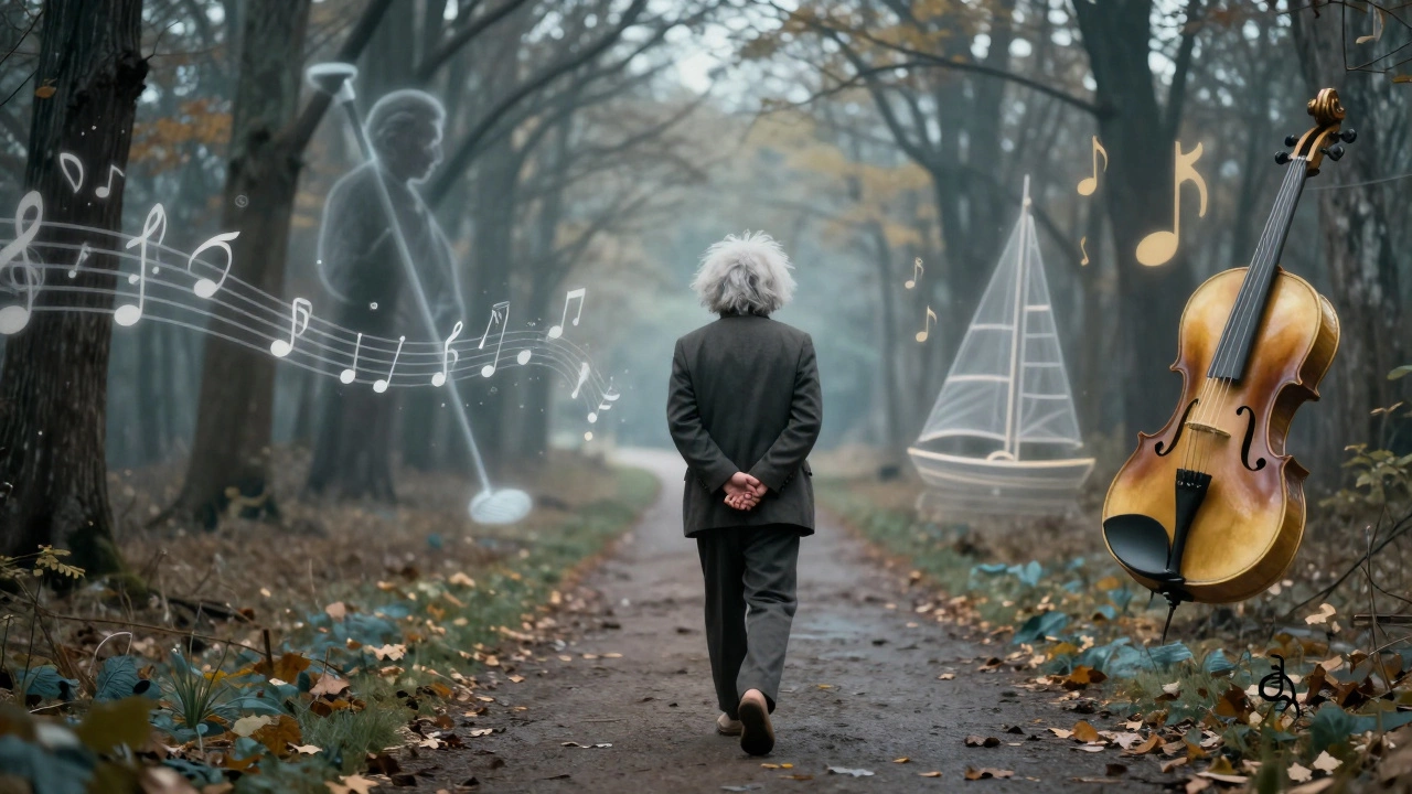 Einstein walking through a forest as equations and musical notes float around him, with a fading golf club in the background.