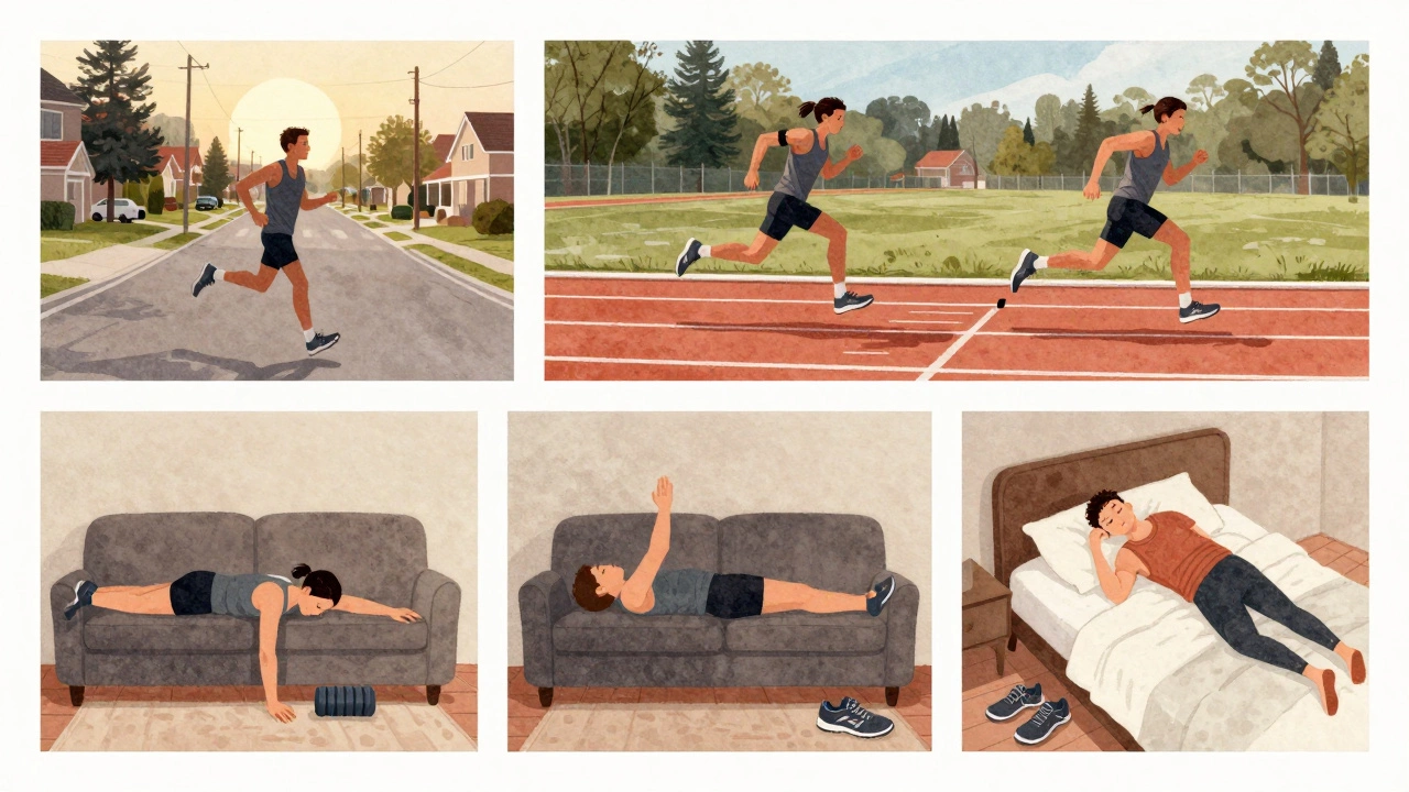 Four-panel illustration showing a runner’s weekly training routine: long run, speed work, recovery, and rest.