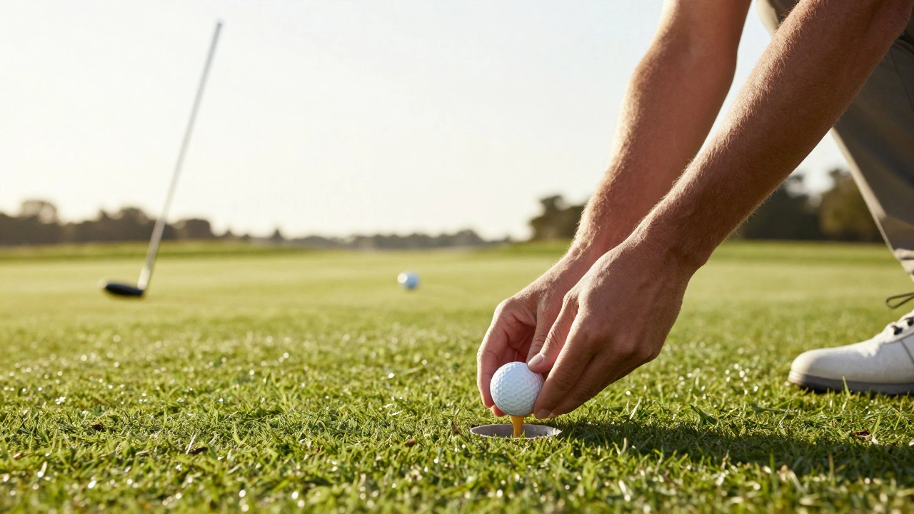 Golfer’s hands placing a ball in the cup on a par-5 hole with approach shots blurred behind.