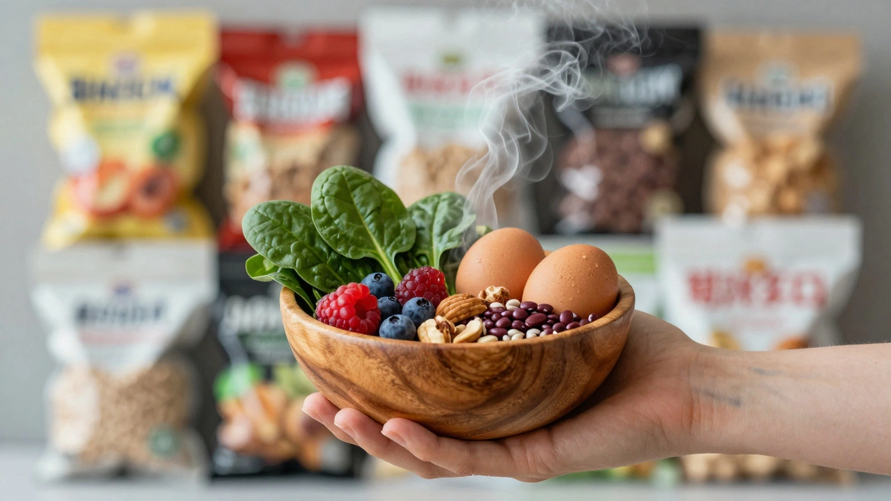 Hand holding bowl of fresh whole foods against fading processed packaging.