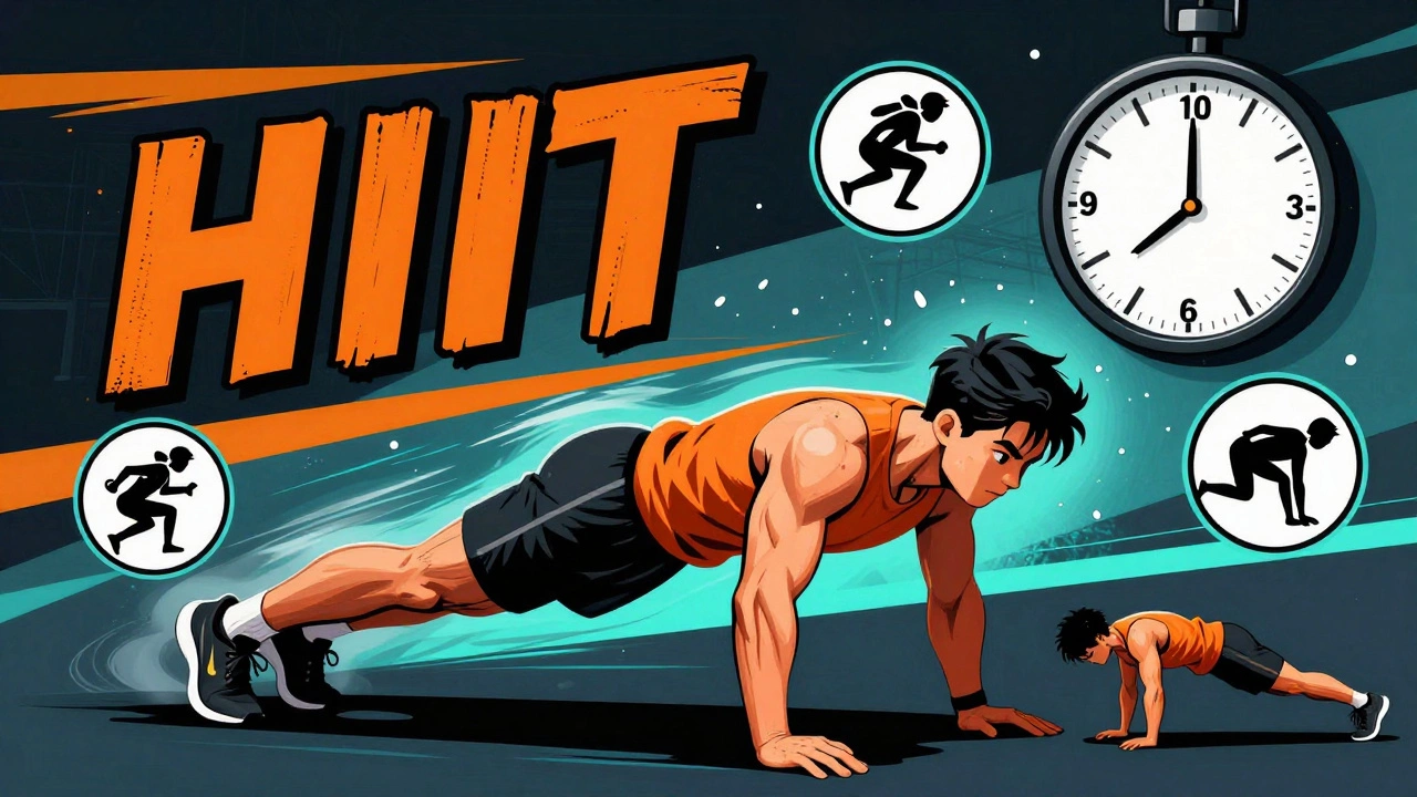 High-intensity interval training workout with motion blur and exercise icons in comic book style.