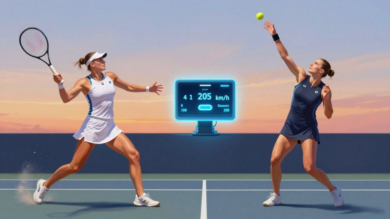 Iga Świątek and Aryna Sabalenka face off on court with an AI line-calling system glowing between them.