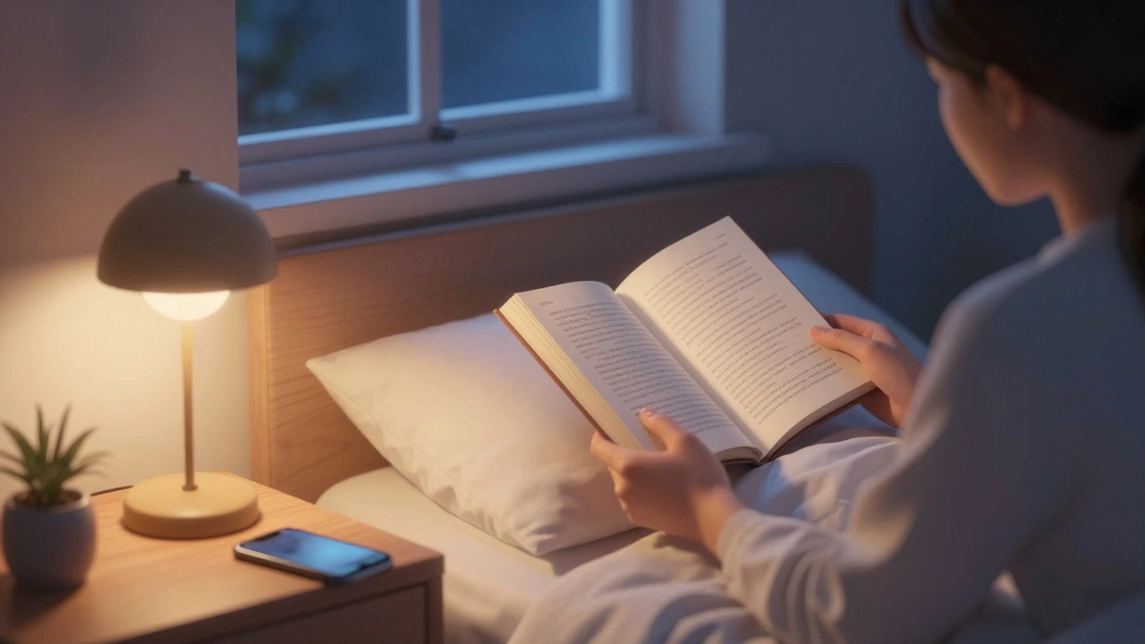 Person reading a book in a dimly lit bedroom with phone turned away.