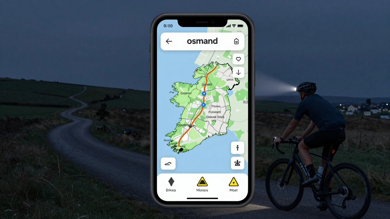 Smartphone showing OsmAnd map with cycling layers: paths, pumps, and elevation warnings in rural Ireland.